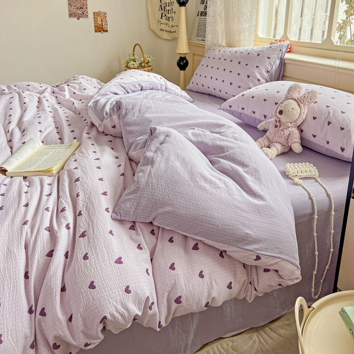 91家纺网 家纺一手货源 找家纺 梦纤绒 2025新款云感木棉皱皱双层纱四件套-简单款 紫爱心