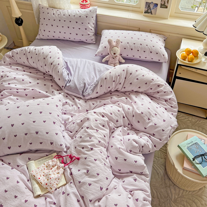 91家纺网 家纺一手货源 找家纺 梦纤绒 2025新款云感木棉皱皱双层纱四件套-简单款 紫爱心