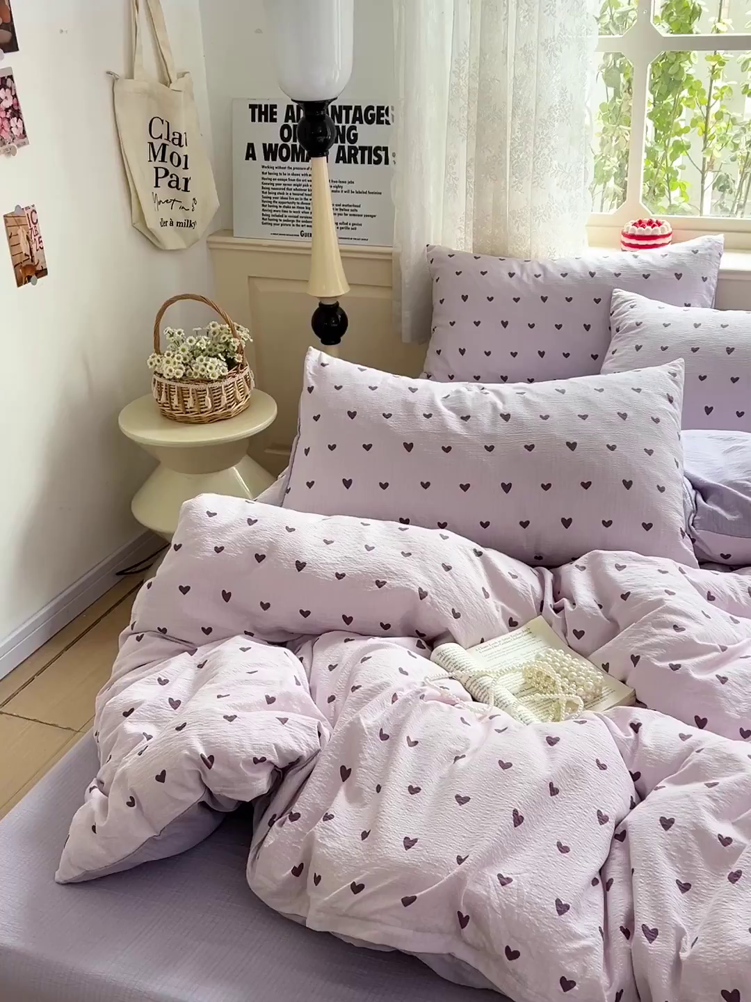 91家纺网 家纺一手货源 找家纺 梦纤绒 2025新款云感木棉皱皱双层纱四件套-简单款 紫爱心