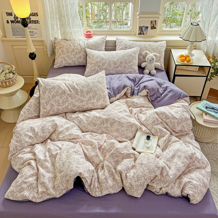 梦纤绒 2025新款云感木棉皱皱双层纱四件套-简单款 紫苏