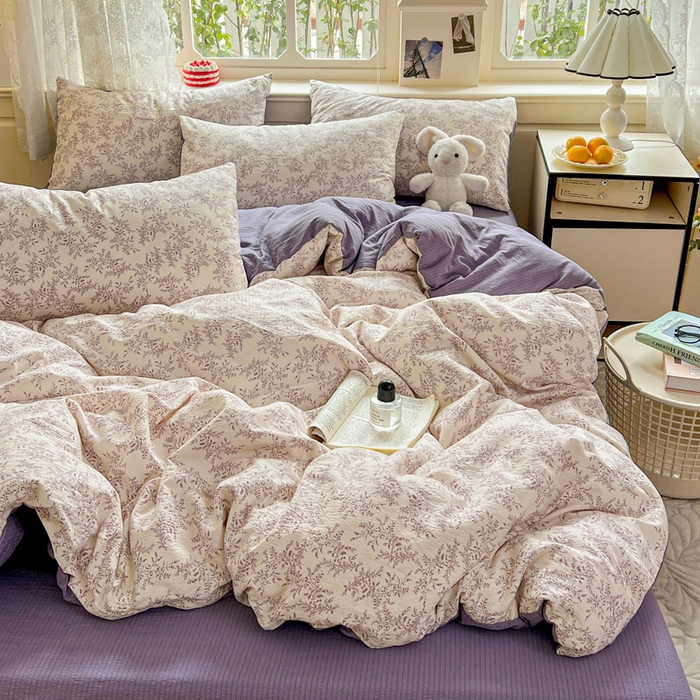 91家纺网 家纺一手货源 找家纺 梦纤绒 2025新款云感木棉皱皱双层纱四件套-简单款 紫苏