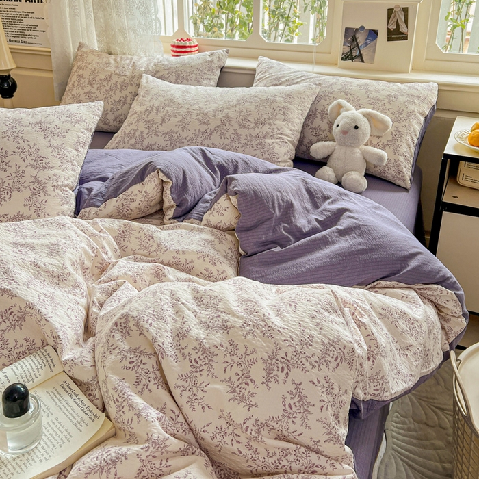 91家纺网 家纺一手货源 找家纺 梦纤绒 2025新款云感木棉皱皱双层纱四件套-简单款 紫苏