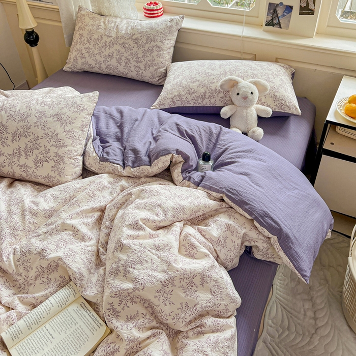 91家纺网 家纺一手货源 找家纺 梦纤绒 2025新款云感木棉皱皱双层纱四件套-简单款 紫苏