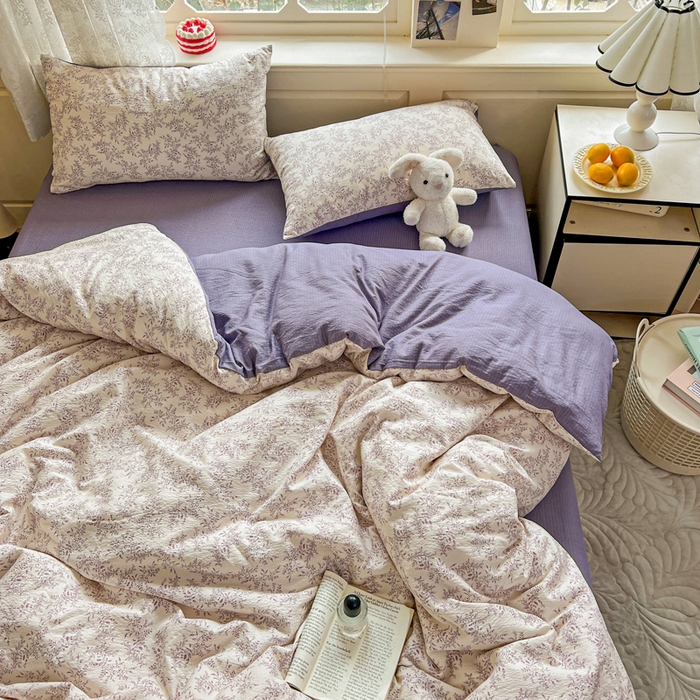 91家纺网 家纺一手货源 找家纺 梦纤绒 2025新款云感木棉皱皱双层纱四件套-简单款 紫苏
