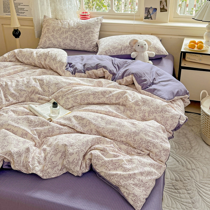 91家纺网 家纺一手货源 找家纺 梦纤绒 2025新款云感木棉皱皱双层纱四件套-简单款 紫苏