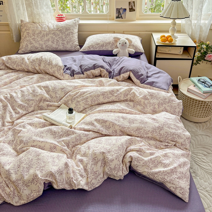 91家纺网 家纺一手货源 找家纺 梦纤绒 2025新款云感木棉皱皱双层纱四件套-简单款 紫苏