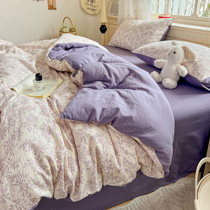 91家纺网 家纺一手货源 找家纺 梦纤绒 2025新款云感木棉皱皱双层纱四件套-简单款 紫苏