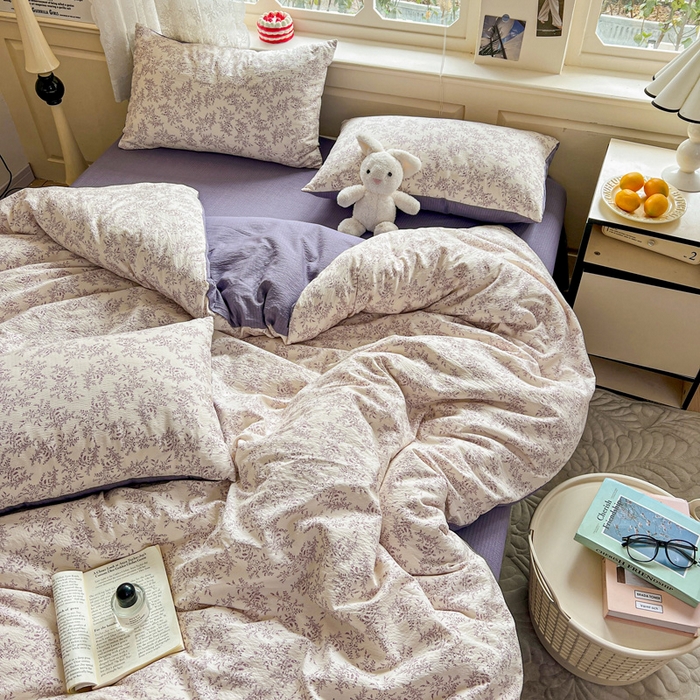 91家纺网 家纺一手货源 找家纺 梦纤绒 2025新款云感木棉皱皱双层纱四件套-简单款 紫苏