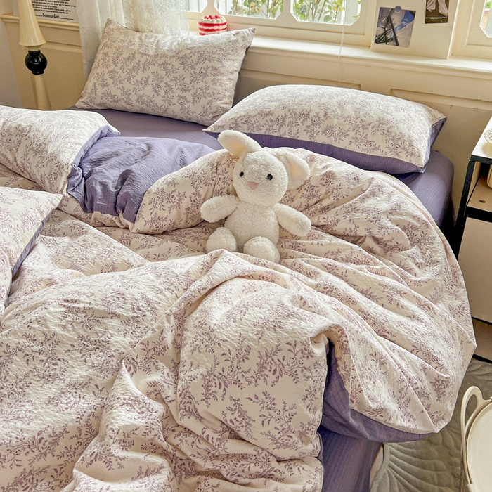 91家纺网 家纺一手货源 找家纺 梦纤绒 2025新款云感木棉皱皱双层纱四件套-简单款 紫苏