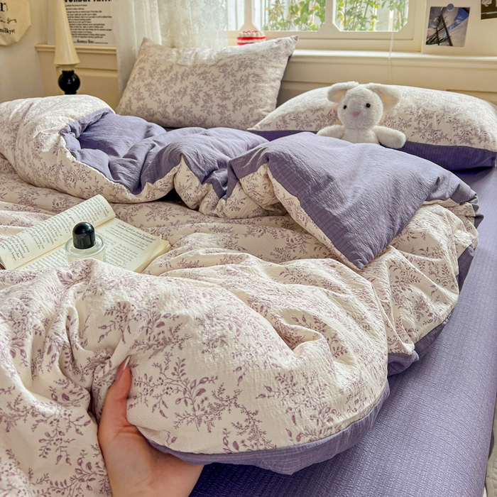 91家纺网 家纺一手货源 找家纺 梦纤绒 2025新款云感木棉皱皱双层纱四件套-简单款 紫苏