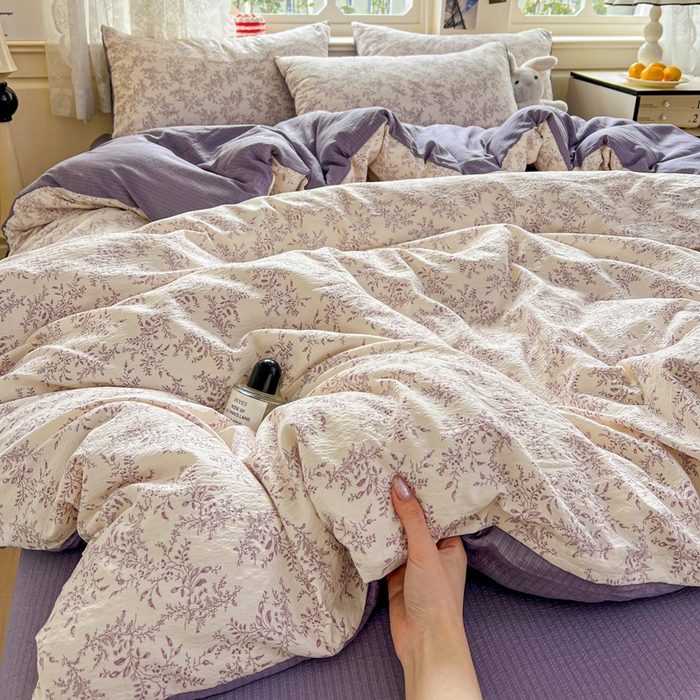 91家纺网 家纺一手货源 找家纺 梦纤绒 2025新款云感木棉皱皱双层纱四件套-简单款 紫苏