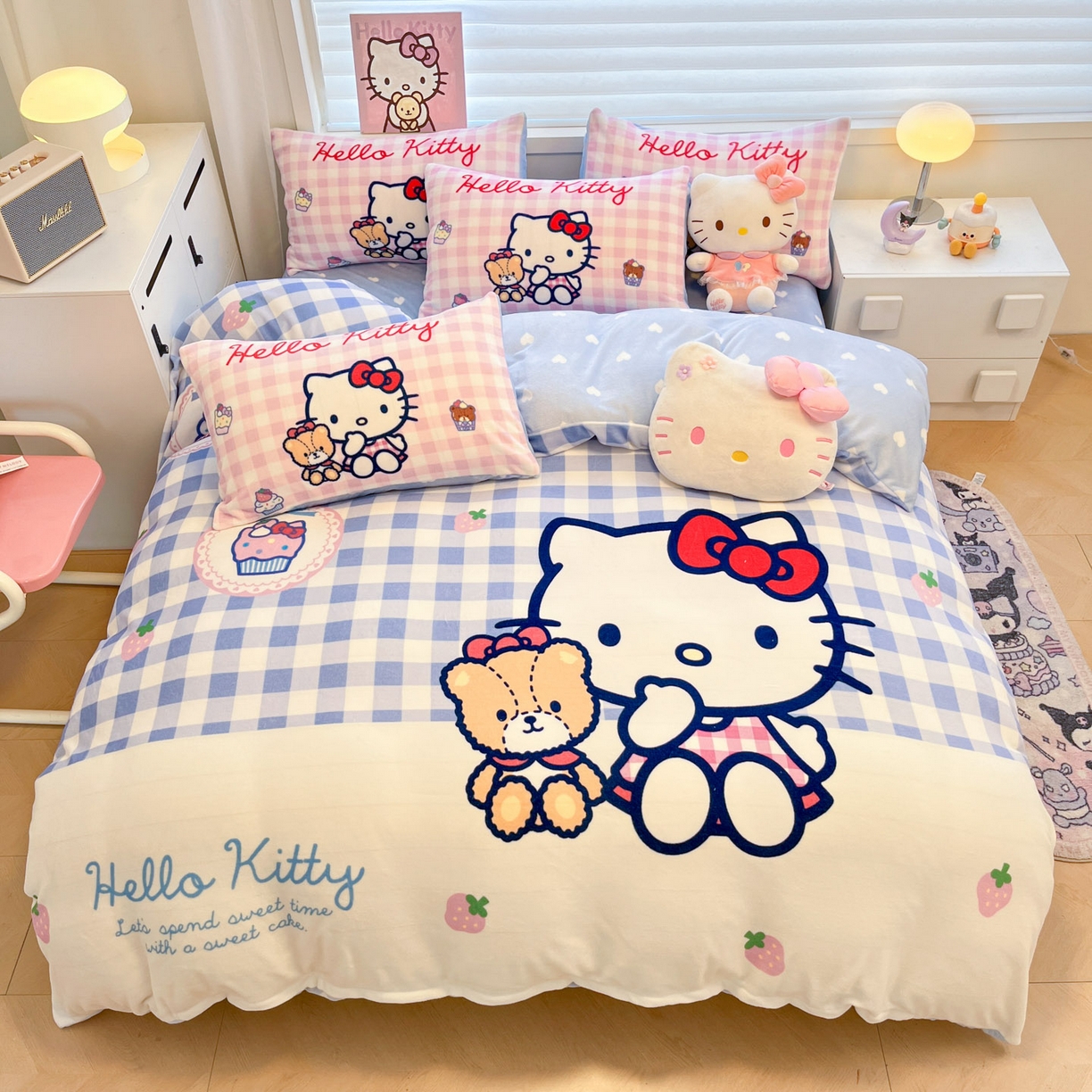 91家纺网 家纺一手货源 找家纺 暮思家居 2025新款正版授权三丽鸥大阪数码印花高克重加厚保暖牛奶绒四件套 绒大阪-格子KT