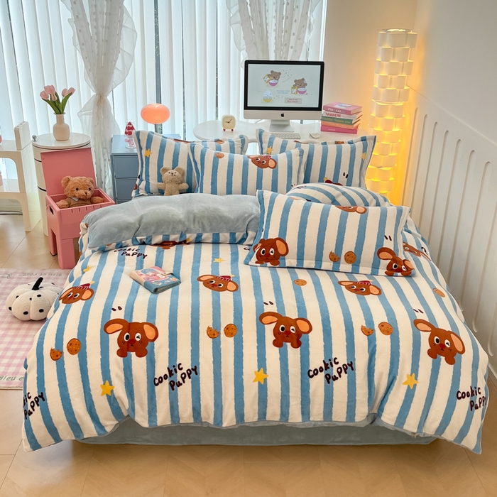 91家纺网 家纺一手货源 找家纺 眠博士 2025新款烂花牛奶绒印花牛奶绒加厚保暖简单款四件套 简单款-饼干狗狗