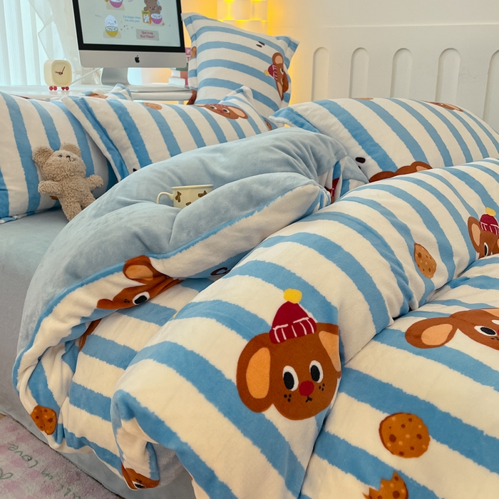 91家纺网 家纺一手货源 找家纺 眠博士 2025新款烂花牛奶绒印花牛奶绒加厚保暖简单款四件套 简单款-饼干狗狗