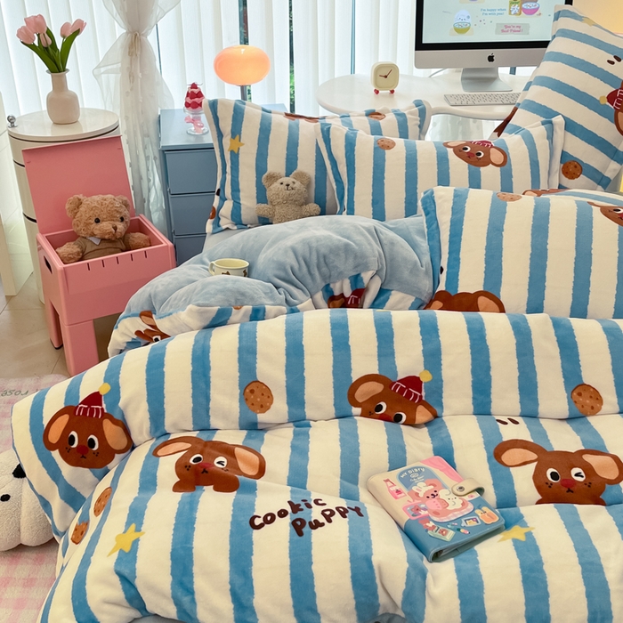 91家纺网 家纺一手货源 找家纺 眠博士 2025新款烂花牛奶绒印花牛奶绒加厚保暖简单款四件套 简单款-饼干狗狗