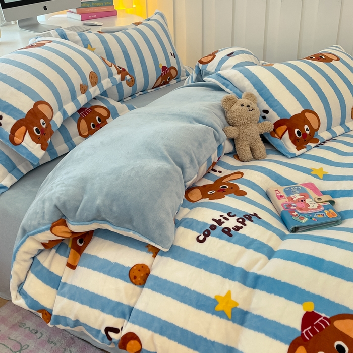 91家纺网 家纺一手货源 找家纺 眠博士 2025新款烂花牛奶绒印花牛奶绒加厚保暖简单款四件套 简单款-饼干狗狗