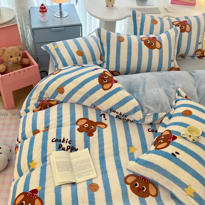 91家纺网 家纺一手货源 找家纺 眠博士 2025新款烂花牛奶绒印花牛奶绒加厚保暖简单款四件套 简单款-饼干狗狗