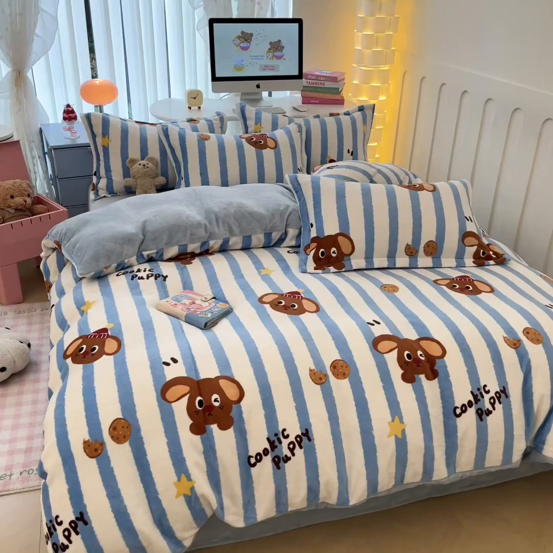 91家纺网 家纺一手货源 找家纺 眠博士 2025新款烂花牛奶绒印花牛奶绒加厚保暖简单款四件套 简单款-饼干狗狗