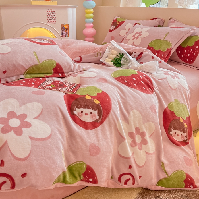 91家纺网 家纺一手货源 找家纺 眠博士 2025新款烂花牛奶绒印花牛奶绒加厚保暖简单款四件套 简单款-草莓女孩