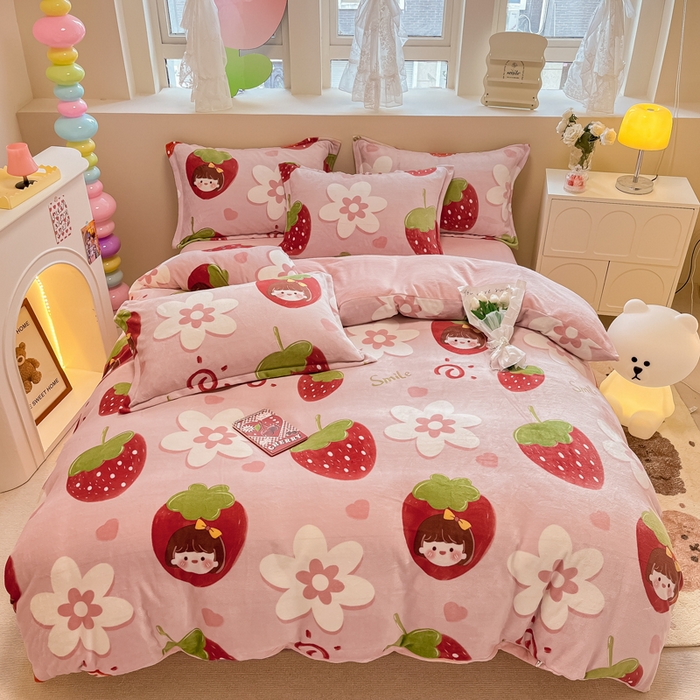 91家纺网 家纺一手货源 找家纺 眠博士 2025新款烂花牛奶绒印花牛奶绒加厚保暖简单款四件套 简单款-草莓女孩