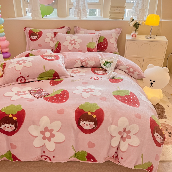 91家纺网 家纺一手货源 找家纺 眠博士 2025新款烂花牛奶绒印花牛奶绒加厚保暖简单款四件套 简单款-草莓女孩