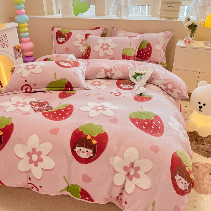 91家纺网 家纺一手货源 找家纺 眠博士 2025新款烂花牛奶绒印花牛奶绒加厚保暖简单款四件套 简单款-草莓女孩