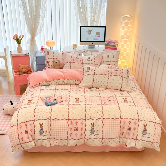 91家纺网 家纺一手货源 找家纺 眠博士 2025新款烂花牛奶绒印花牛奶绒加厚保暖简单款四件套 简单款-方格兔