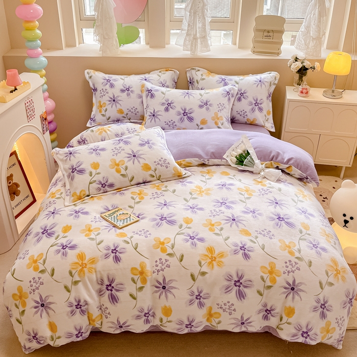 91家纺网 家纺一手货源 找家纺 眠博士 2025新款烂花牛奶绒印花牛奶绒加厚保暖简单款四件套 简单款-花溪紫