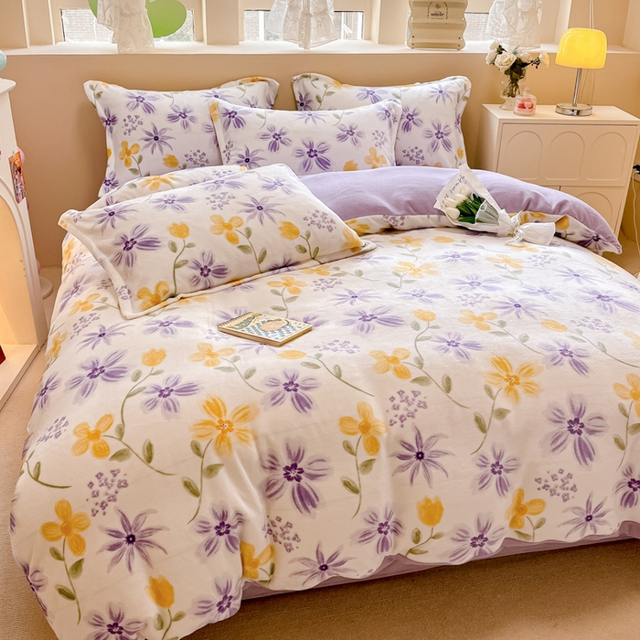 91家纺网 家纺一手货源 找家纺 眠博士 2025新款烂花牛奶绒印花牛奶绒加厚保暖简单款四件套 简单款-花溪紫