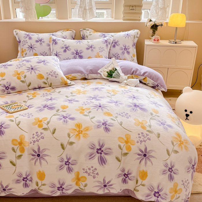 91家纺网 家纺一手货源 找家纺 眠博士 2025新款烂花牛奶绒印花牛奶绒加厚保暖简单款四件套 简单款-花溪紫