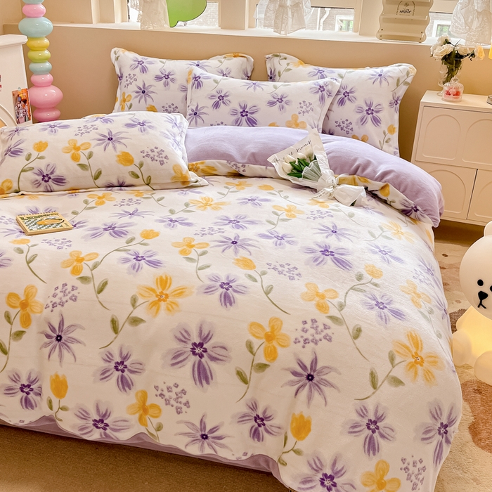 91家纺网 家纺一手货源 找家纺 眠博士 2025新款烂花牛奶绒印花牛奶绒加厚保暖简单款四件套 简单款-花溪紫