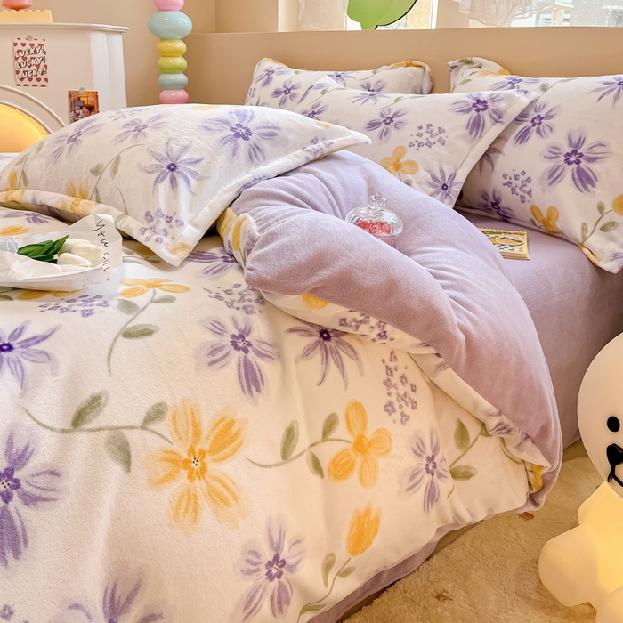 91家纺网 家纺一手货源 找家纺 眠博士 2025新款烂花牛奶绒印花牛奶绒加厚保暖简单款四件套 简单款-花溪紫