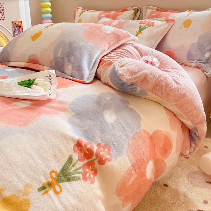 91家纺网 家纺一手货源 找家纺 眠博士 2025新款烂花牛奶绒印花牛奶绒加厚保暖简单款四件套 简单款-花仙子