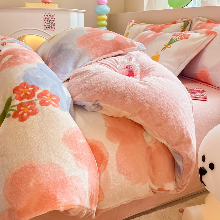 91家纺网 家纺一手货源 找家纺 眠博士 2025新款烂花牛奶绒印花牛奶绒加厚保暖简单款四件套 简单款-花仙子