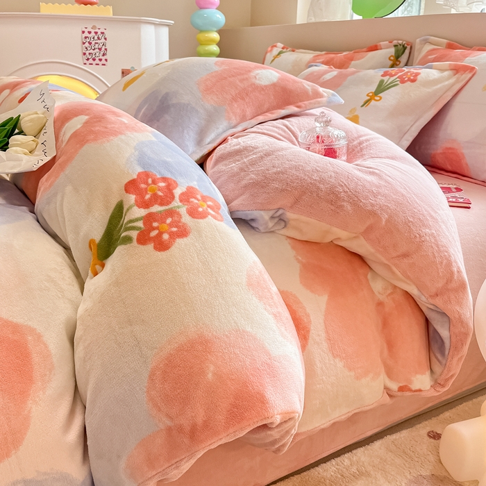 91家纺网 家纺一手货源 找家纺 眠博士 2025新款烂花牛奶绒印花牛奶绒加厚保暖简单款四件套 简单款-花仙子