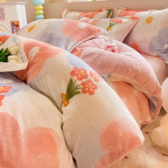 91家纺网 家纺一手货源 找家纺 眠博士 2025新款烂花牛奶绒印花牛奶绒加厚保暖简单款四件套 简单款-花仙子