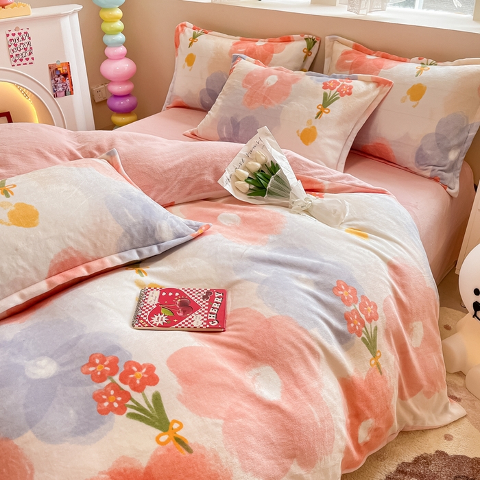 91家纺网 家纺一手货源 找家纺 眠博士 2025新款烂花牛奶绒印花牛奶绒加厚保暖简单款四件套 简单款-花仙子