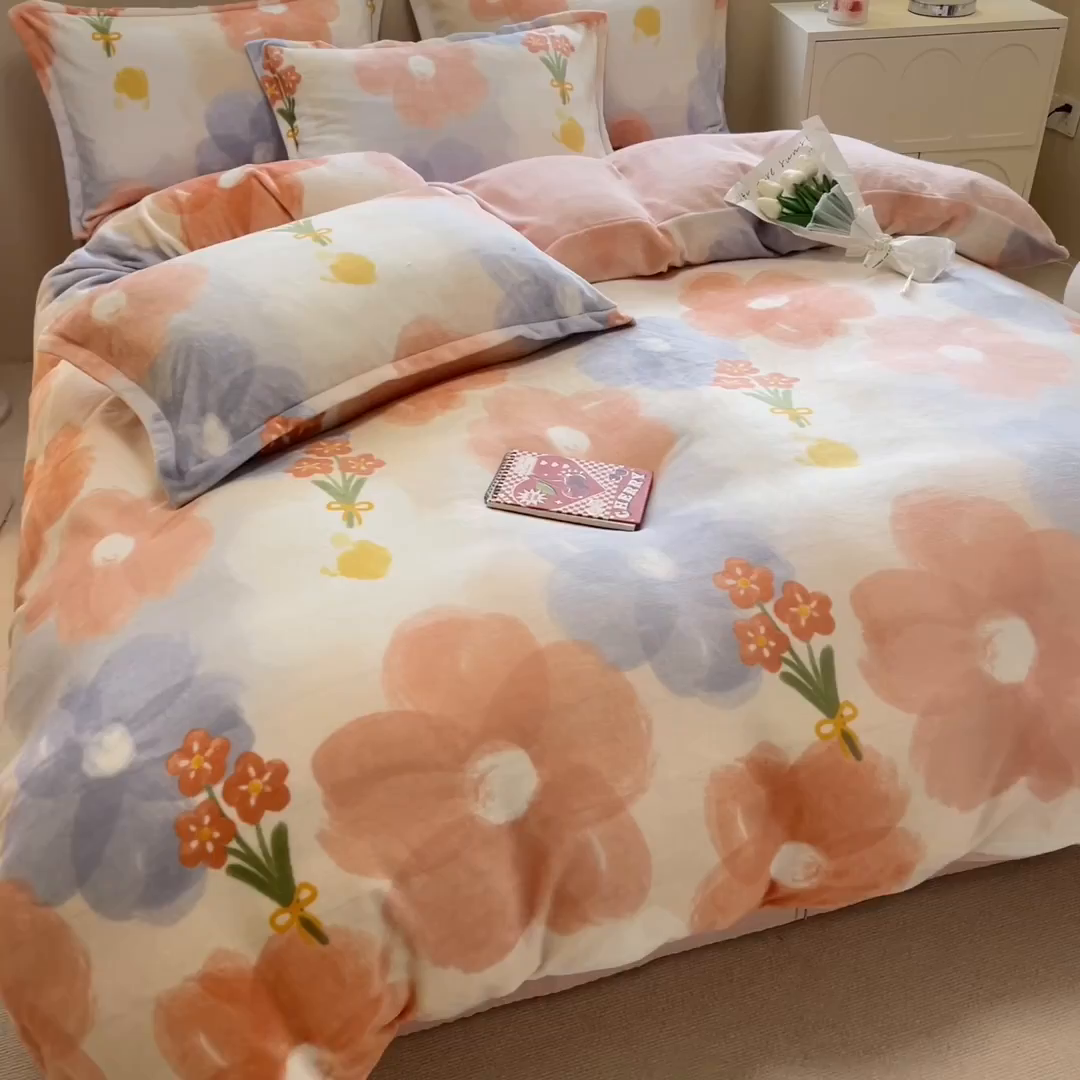 91家纺网 家纺一手货源 找家纺 眠博士 2025新款烂花牛奶绒印花牛奶绒加厚保暖简单款四件套 简单款-花仙子