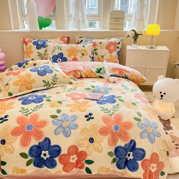 91家纺网 家纺一手货源 找家纺 眠博士 2025新款烂花牛奶绒印花牛奶绒加厚保暖简单款四件套 简单款-花漾粉