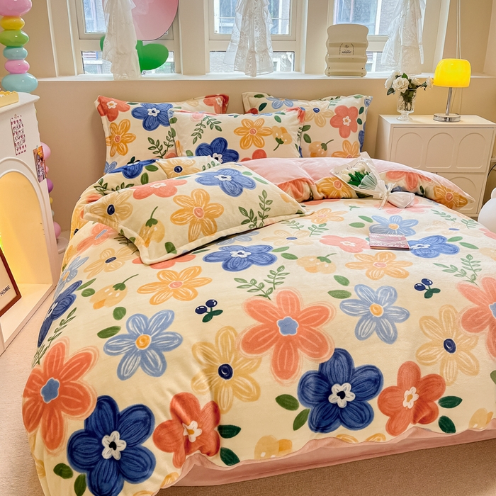 91家纺网 家纺一手货源 找家纺 眠博士 2025新款烂花牛奶绒印花牛奶绒加厚保暖简单款四件套 简单款-花漾粉