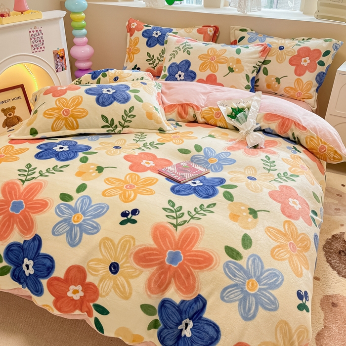 91家纺网 家纺一手货源 找家纺 眠博士 2025新款烂花牛奶绒印花牛奶绒加厚保暖简单款四件套 简单款-花漾粉