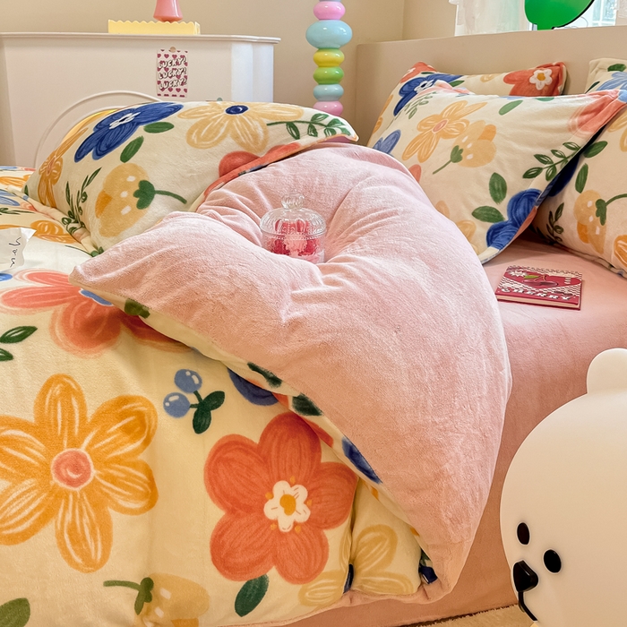 91家纺网 家纺一手货源 找家纺 眠博士 2025新款烂花牛奶绒印花牛奶绒加厚保暖简单款四件套 简单款-花漾粉