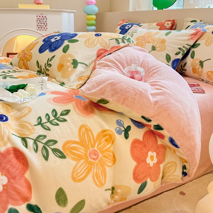 91家纺网 家纺一手货源 找家纺 眠博士 2025新款烂花牛奶绒印花牛奶绒加厚保暖简单款四件套 简单款-花漾粉