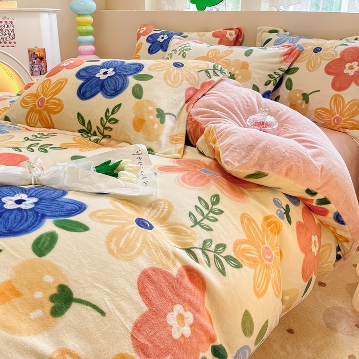 91家纺网 家纺一手货源 找家纺 眠博士 2025新款烂花牛奶绒印花牛奶绒加厚保暖简单款四件套 简单款-花漾粉