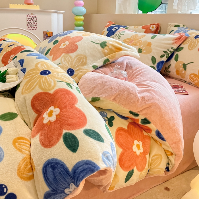 91家纺网 家纺一手货源 找家纺 眠博士 2025新款烂花牛奶绒印花牛奶绒加厚保暖简单款四件套 简单款-花漾粉