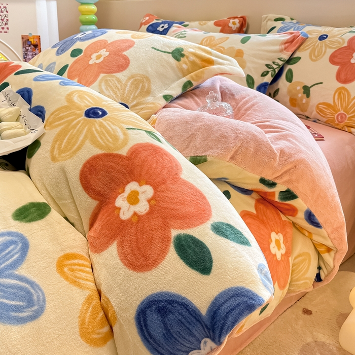 91家纺网 家纺一手货源 找家纺 眠博士 2025新款烂花牛奶绒印花牛奶绒加厚保暖简单款四件套 简单款-花漾粉