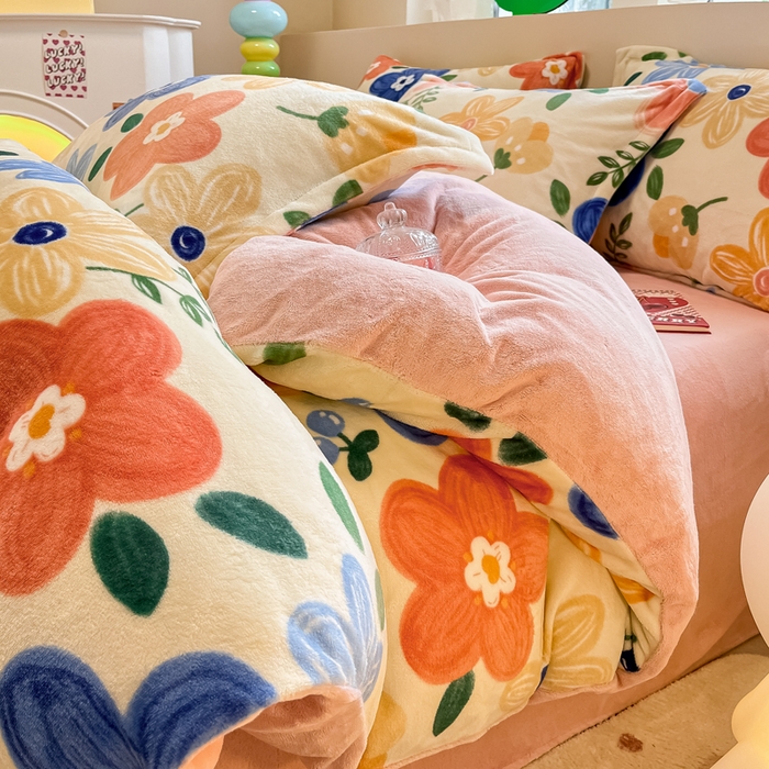 91家纺网 家纺一手货源 找家纺 眠博士 2025新款烂花牛奶绒印花牛奶绒加厚保暖简单款四件套 简单款-花漾粉