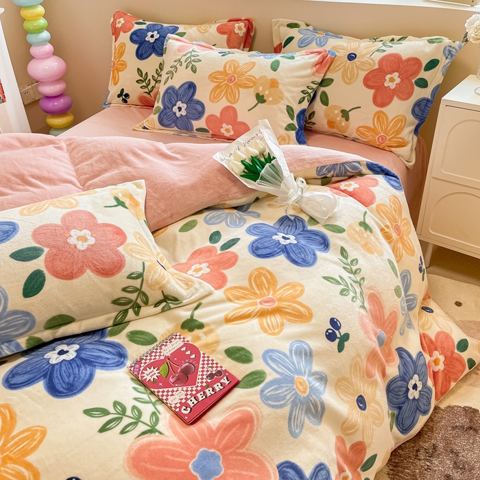 91家纺网 家纺一手货源 找家纺 眠博士 2025新款烂花牛奶绒印花牛奶绒加厚保暖简单款四件套 简单款-花漾粉