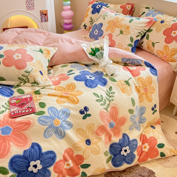 91家纺网 家纺一手货源 找家纺 眠博士 2025新款烂花牛奶绒印花牛奶绒加厚保暖简单款四件套 简单款-花漾粉