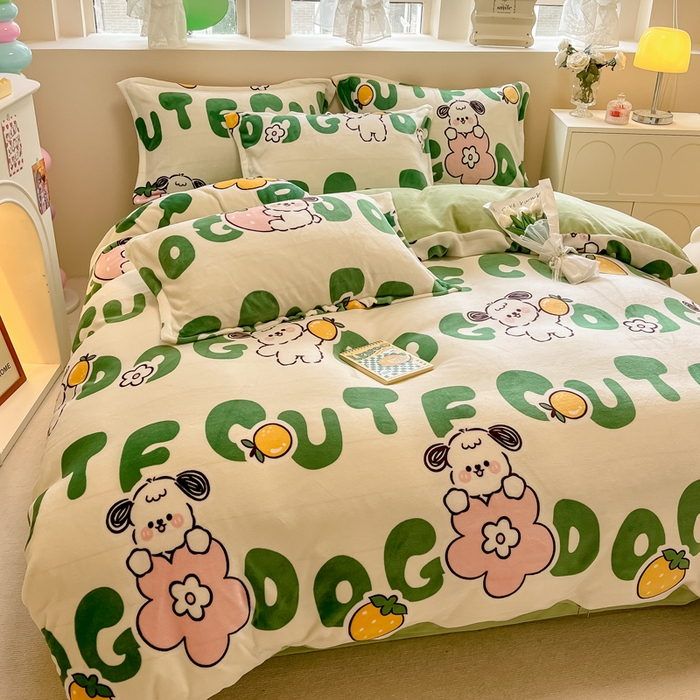 91家纺网 家纺一手货源 找家纺 眠博士 2025新款烂花牛奶绒印花牛奶绒加厚保暖简单款四件套 简单款-快乐汪汪